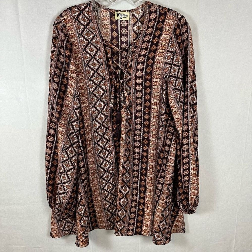 Show Me Your Mumu Lightning Bird Lace Up Tunic Shirt Top Coverup Neutrals S